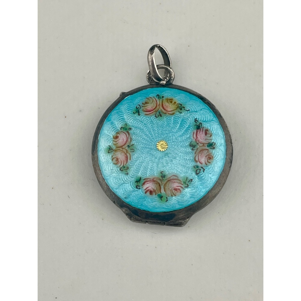 Antique 1920s Sterling Silver Guilloché Enamel Locket Blue Floral Rose Pendant